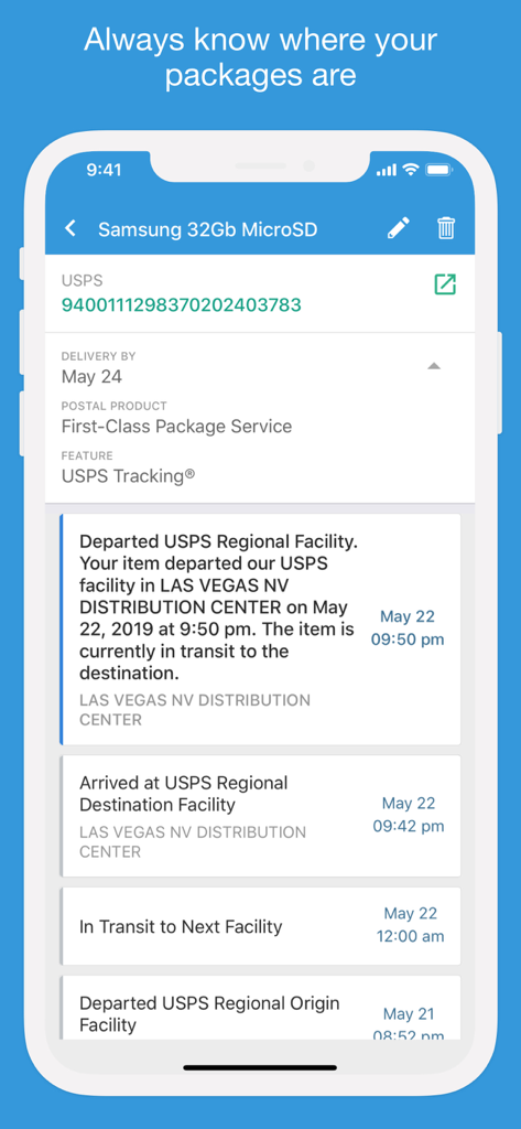 Interface móvel do aplicativo Packages exibindo uma linha do tempo detalhada de rastreamento do USPS e a data de entrega estimada.