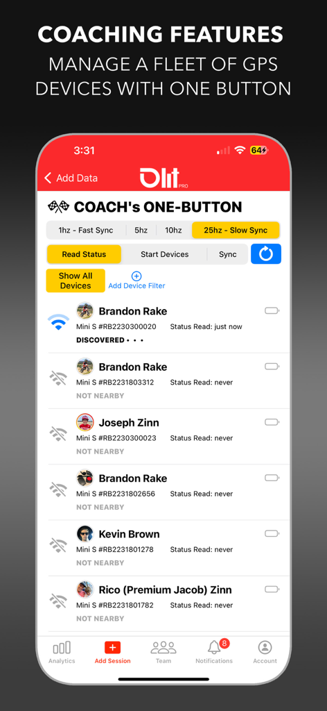 LITPro - GPS Lap Timer - LITPro app interface showing coaching features to manage a fleet of GPS devices for multiple riders