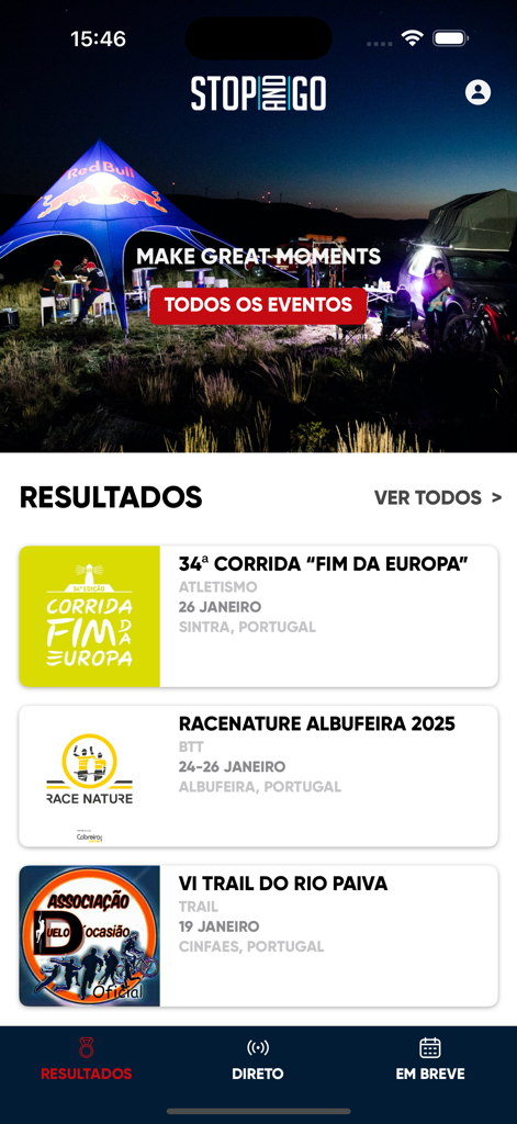 STOP and GO - Schermata principale dell'app STOP and GO che mostra un elenco di risultati sportivi recenti per eventi di atletica leggera e ciclismo