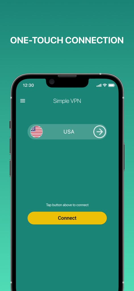 Simple VPN Pro app interface featuring a one-touch connection button and USA server selection