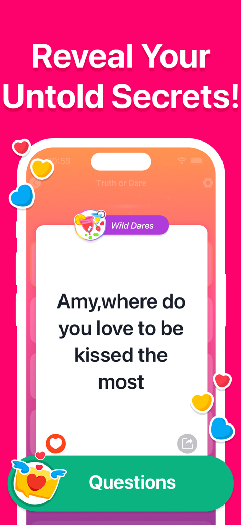 Truth or Dare?Spicy Dirty game - Interfaz de la aplicación Verdad o Reto Juego picante y atrevido que muestra una pregunta íntima de reto salvaje