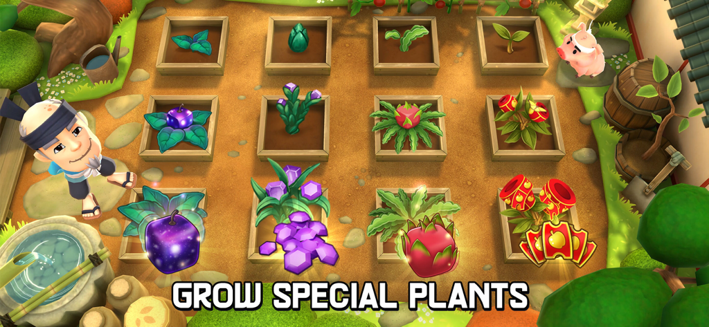 A ninja character and a pig in a garden garden where special plants and fruits are grown in plots