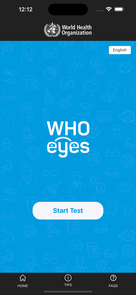 WHOeyes - WHOeyes app home screen with a Start Test button