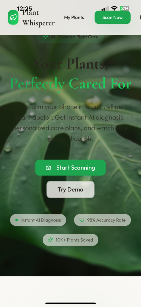 Plant Doctor – Plant Scanner - Schermata principale dell'app mobile Plant Doctor con diagnosi AI delle piante e opzioni di scansione.