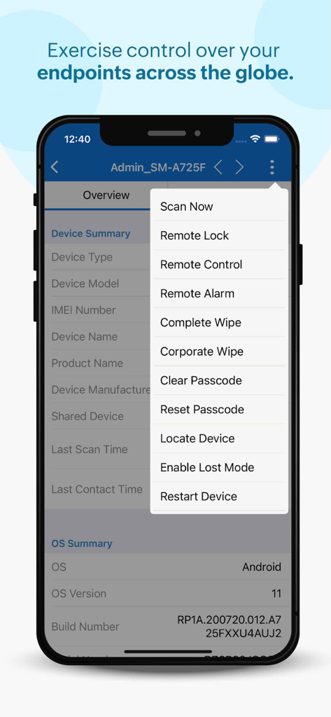Endpoint Central MSP - Endpoint Central MSP mobile app interface showing a dropdown menu with remote management options like Remote Lock, Remote Control, and Wipe.