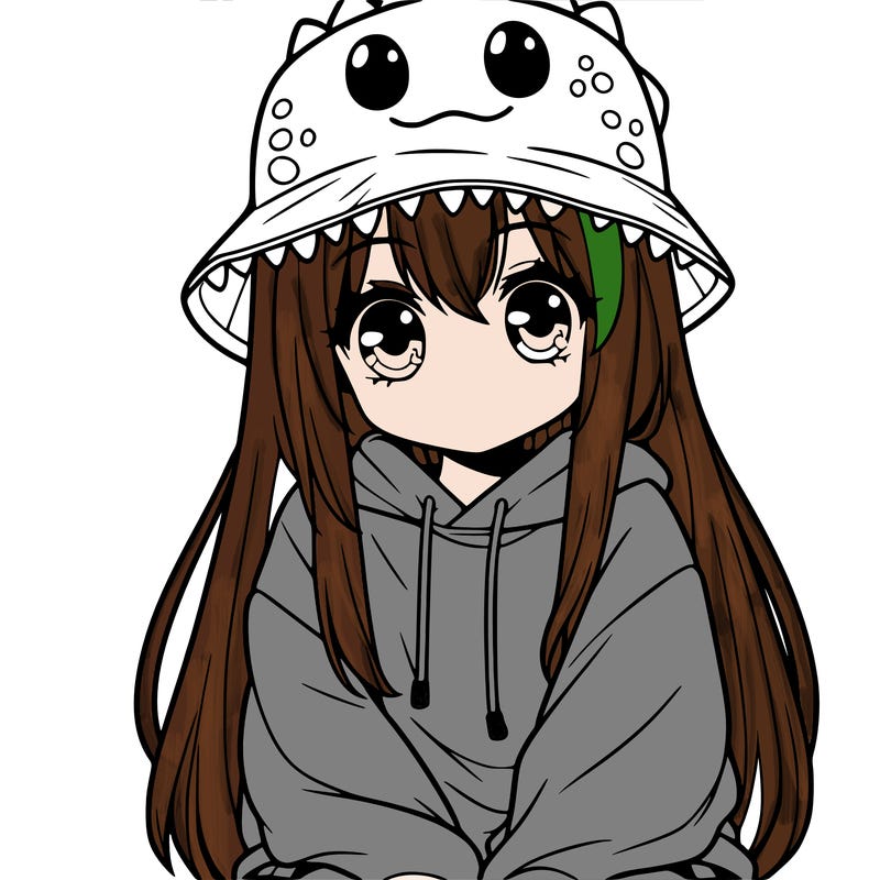 girl with anime shaped eyes with a dinosaur bucket hat oversized sweatshirt long straight hair
