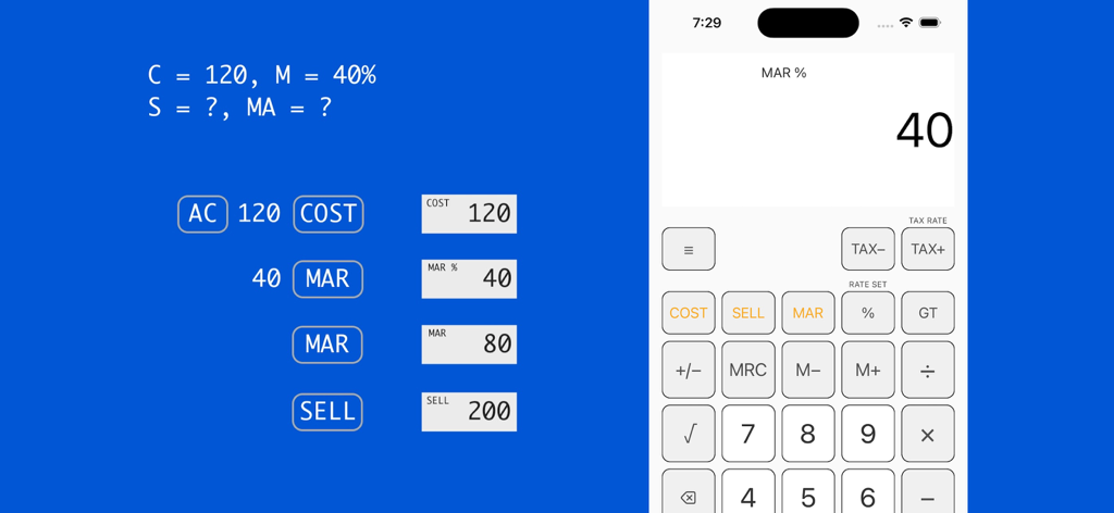 Simple Calculator. + - Interface de aplicativo de calculadora mostrando cálculos de margem bruta e preço de venda para negócios