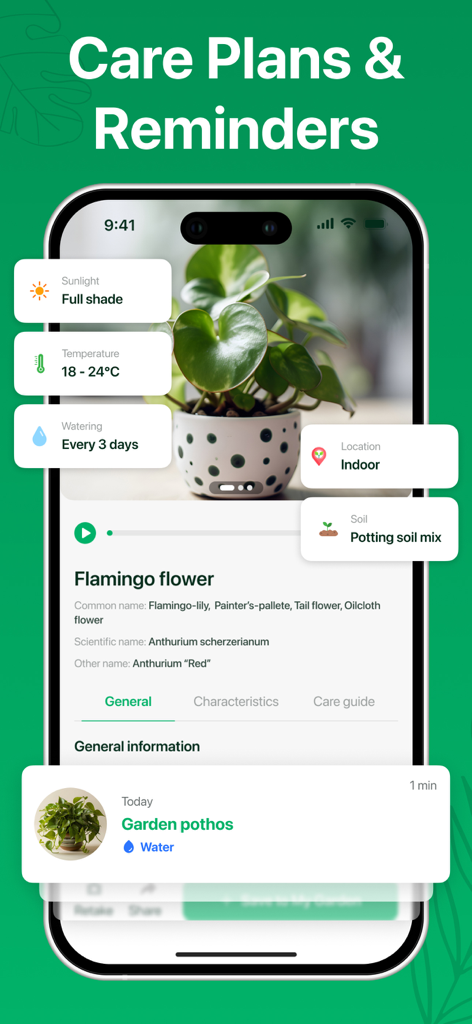 Plant ID - AI Identify Plants - Pantalla de la aplicación Plant ID que muestra instrucciones detalladas de cuidado para una flor Flamenco y una notificación de riego para un Potos Jardín.