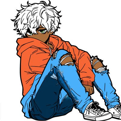 a male hoddie ripped jeans messy hair anime