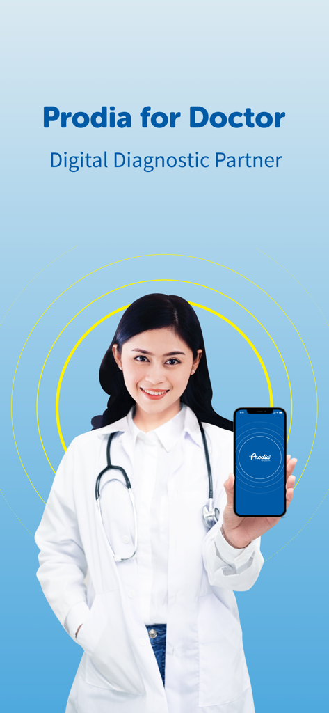 Prodia for Doctor - A smiling female doctor holding a smartphone displaying the Prodia for Doctor app logo