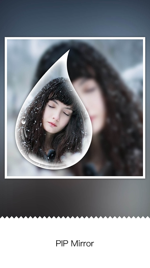 Mirror Pic Collage HD -  Insta Mag and Photo Mirror Collage Photo Editor - ティアドロップ型のPIPミラーフレーム内の少女のポートレート