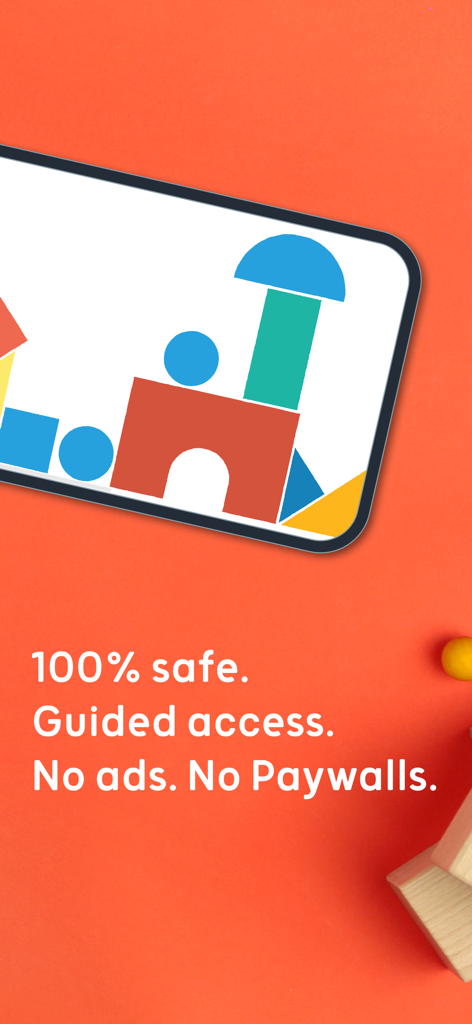 Smartphone showing colorful digital blocks with safety features like no ads and guided access for kids