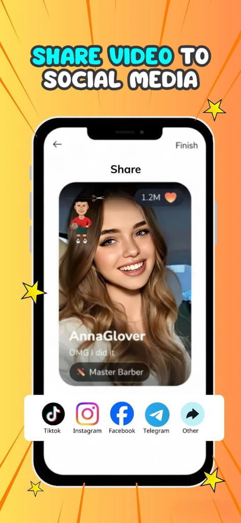 Filter Challenge: Master Cut - Una pantalla de aplicación móvil que muestra opciones para compartir un video completado del desafío del filtro en plataformas de redes sociales como TikTok, Instagram y Facebook.