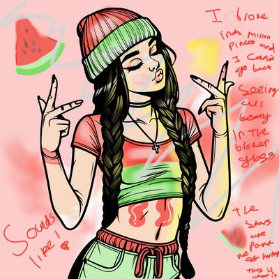 realistic teenage girl with braids and a beanie and crop top doing 🫶🏼