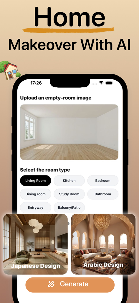 KI-Innenarchitektur-App-Bildschirm zur Auswahl von Raumtypen und Stilen für eine virtuelle Hausrenovierung