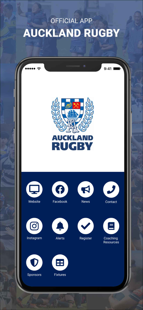 Auckland Rugby - Pantalla de inicio de la aplicación oficial Auckland Rugby con iconos de menú para noticias de partidos y alertas