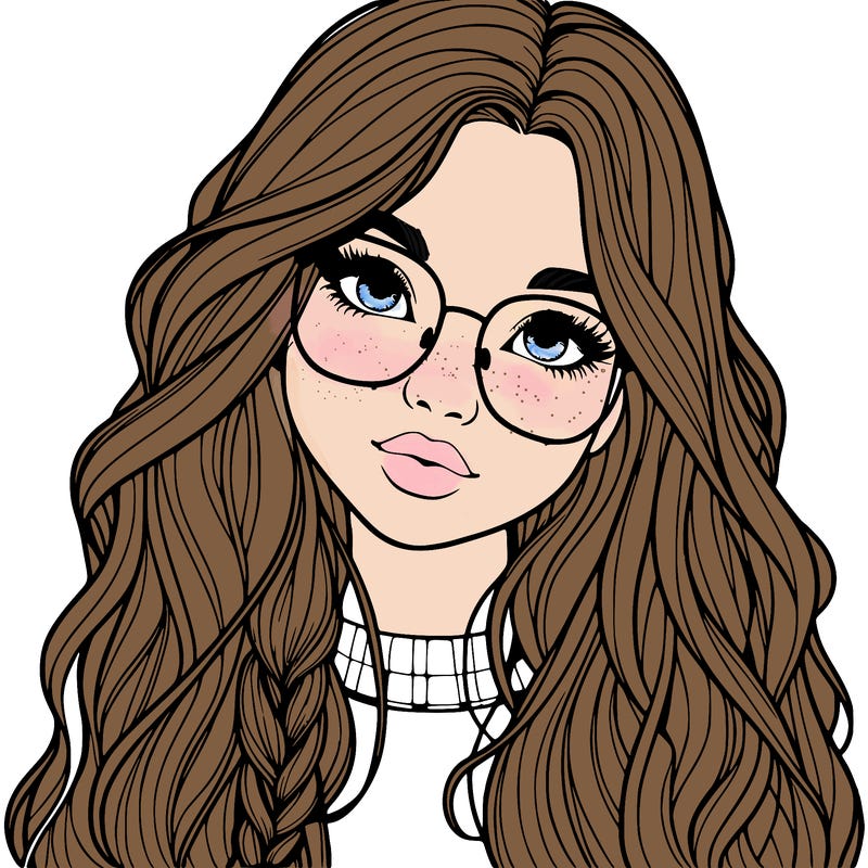 girl with long hair and freckles and glasses realistic