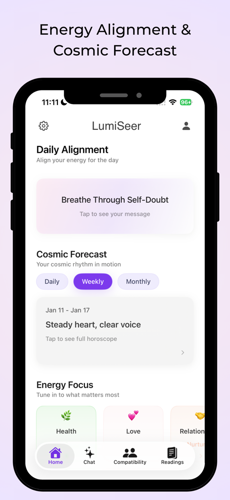 LumiSeer: Tarot & Astrology - LumiSeer app home screen displaying daily alignment and cosmic forecast features