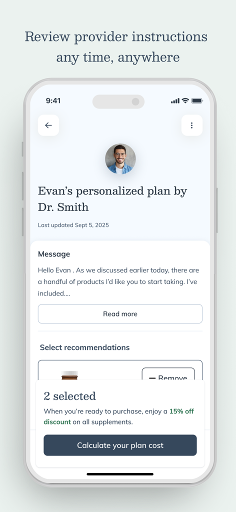 A personalized wellness plan with supplement recommendations in the Fullscript app.