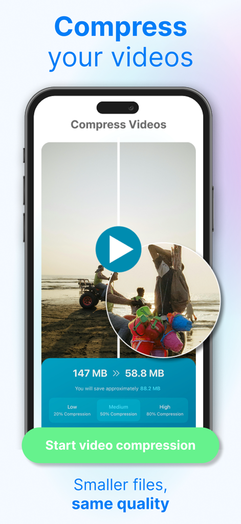 CleanBot AI: Storage Cleaner - Interfaz de la app CleanBot AI mostrando la herramienta de compresión de vídeo para reducir el tamaño de archivo manteniendo la calidad