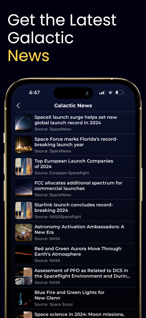 Space Explorer:Astronomy Guide - A mobile screen showing a list of space and astronomy news articles in the Space Explorer app