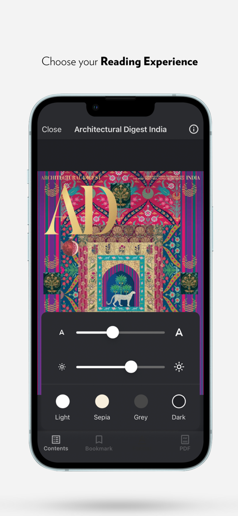 Architectural Digest India - Architectural Digest India app reading interface with adjustable font size brightness and color themes
