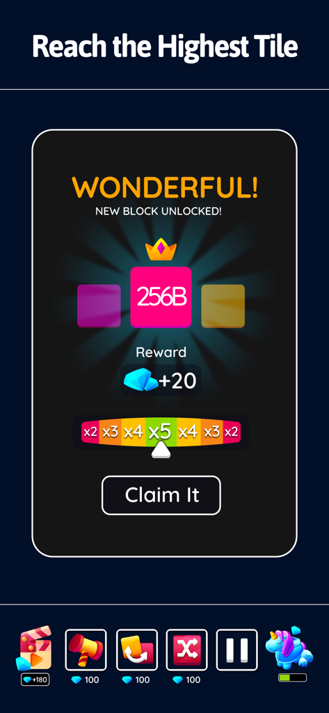 Una pantalla de recompensas en el juego 2048 Blast que muestra un bloque 256B recién desbloqueado y un botón para reclamar