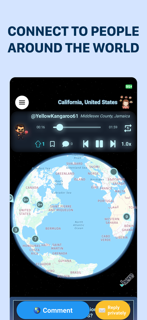 Bubblic: Connect with people. - Captura de pantalla de la interfaz de la aplicación Bubblic que muestra un globo 3D con puntos de conexión y una barra de reproducción de cartas de voz.