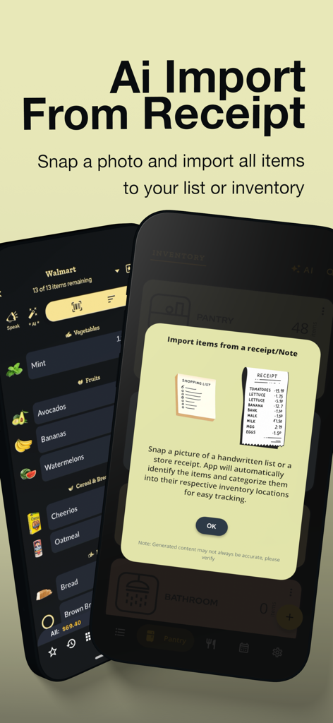 Grocery AI - Grocery AI app interface showing AI receipt and handwritten note scanning feature