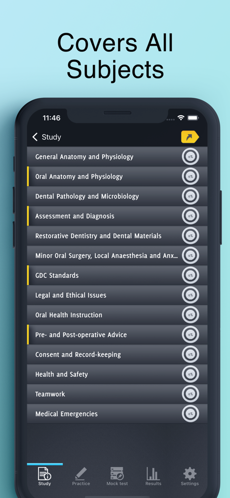 Elenco delle materie di studio per l'app Dental Nurse Revision Exam, tra cui anatomia, patologia e standard GDC