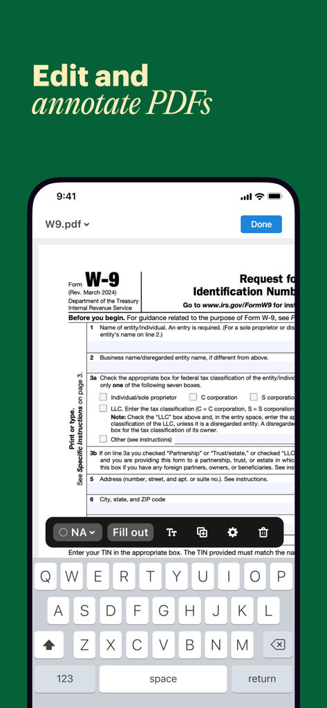 Interfaccia dell'app mobile DocHub che mostra un modulo PDF W-9 in fase di modifica e compilazione su uno smartphone.