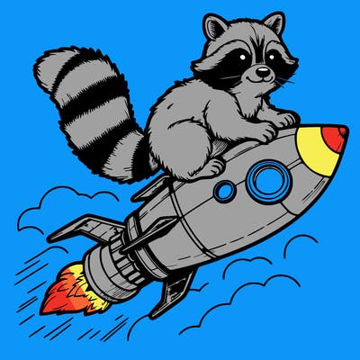 realistic raccoon flying on top rocket ship