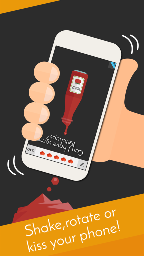 Eine Hand, die ein Smartphone schüttelt, um ein Rätsel mit einer Ketchupflasche in der App Tricky Test 2 zu lösen