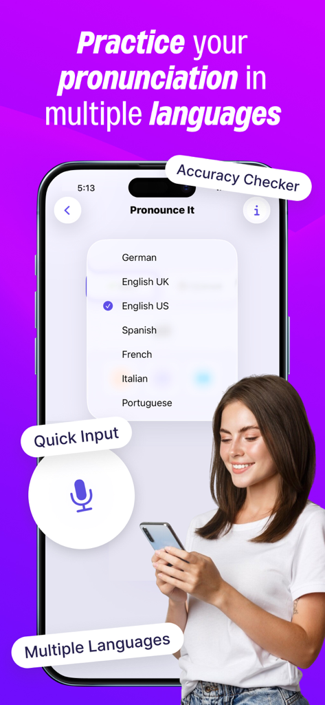 Pronounce Words - Hear it - Pronounce Words app interface displaying multiple language options and a voice input microphone for practice.