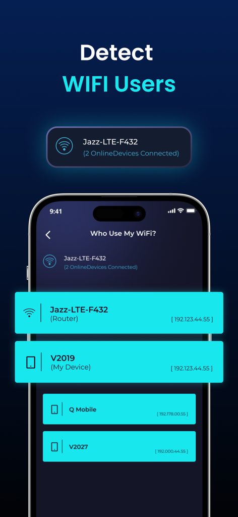 IPアドレスを持つネットワークに接続されているデバイスのリストを表示するWiFi Analyzerアプリの画面。