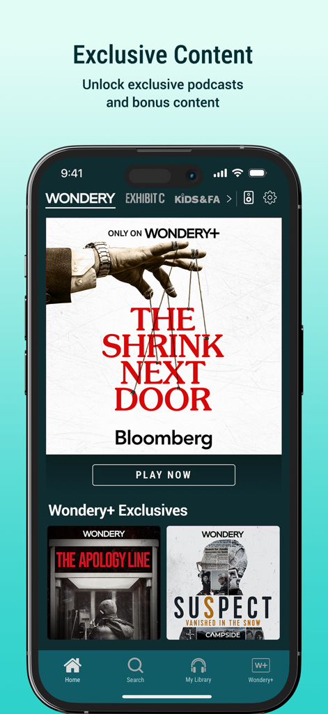 Wondery app interface showcasing exclusive podcast content like The Shrink Next Door and Suspect for premium subscribers.