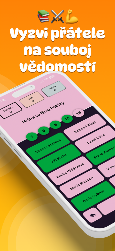 Chytrák - vědomostní kvíz - Smartphone screen displaying the Chytrak trivia app with a question about movie actors and a scoring system.
