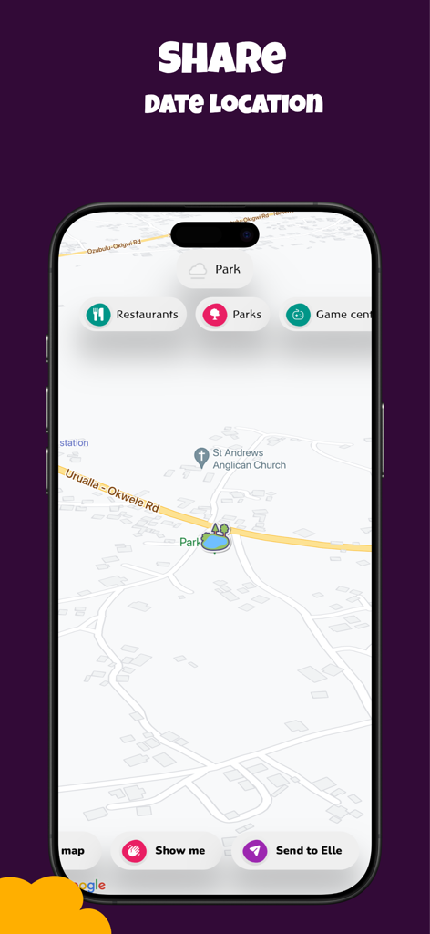 Olosho App - Smartphone screen displaying the Olosho app map interface for sharing date locations with nearby points of interest.