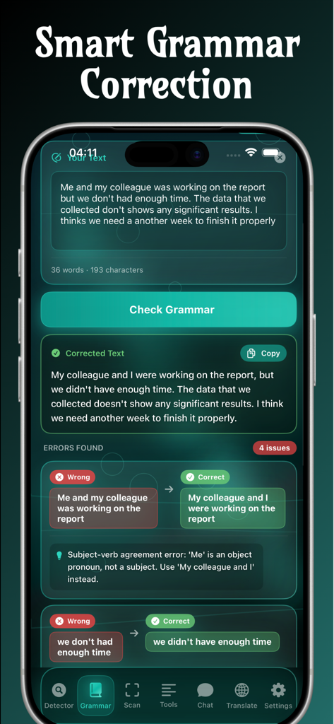 Grammar AI Plagiarism checker - Screenshot of Grammar AI app showing a smart grammar correction interface with detailed error explanations