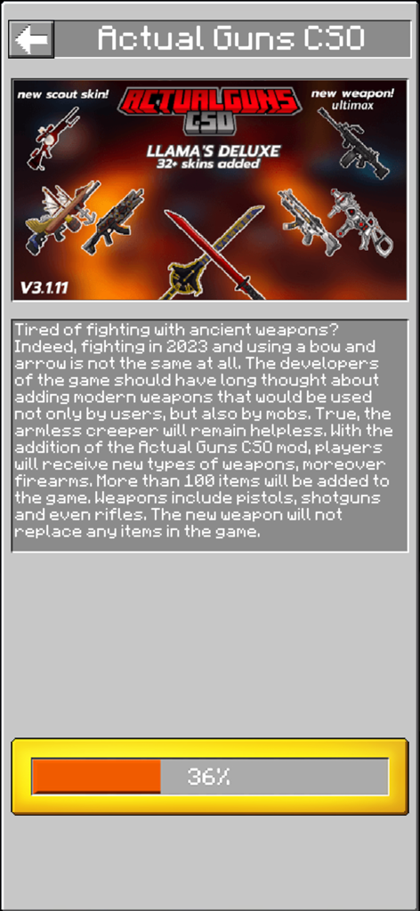 Gun Addons Skins for Minecraft - Una pantalla dentro de la aplicación mostrando detalles del mod Actual Guns CSO para Minecraft con previsualizaciones de armas y una barra de progreso