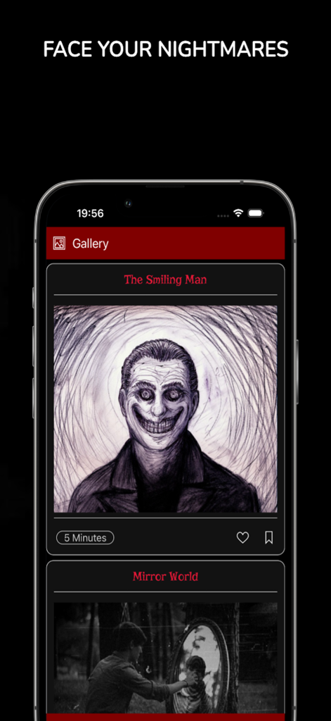 Nocturnal: Horror Stories - 不気味なイラストが付いた怖いストーリーのギャラリーを表示するNocturnalホラーストーリーアプリのインターフェース。