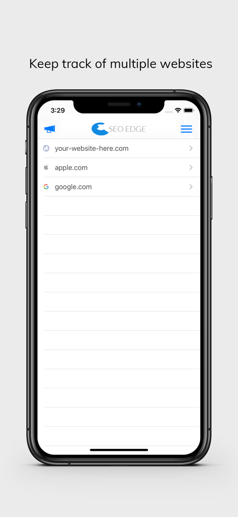 Tela do iPhone mostrando a interface do aplicativo SEO Edge com uma lista de sites rastreados, incluindo apple.com e google.com