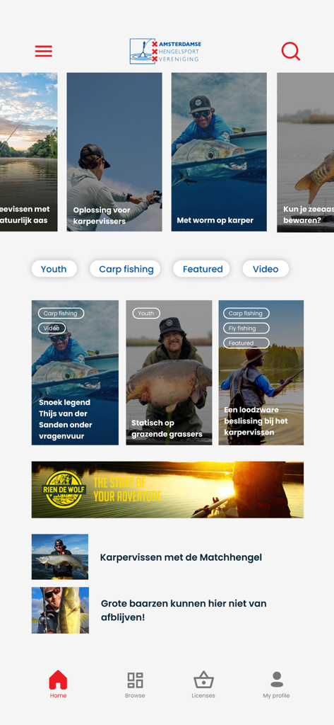 Hengelsportnieuws - Home screen of the Hengelsportnieuws app featuring various fishing news articles and category filters