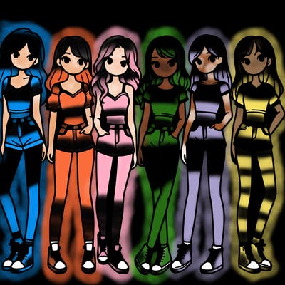 a group of girls wearing crop tops and shorts