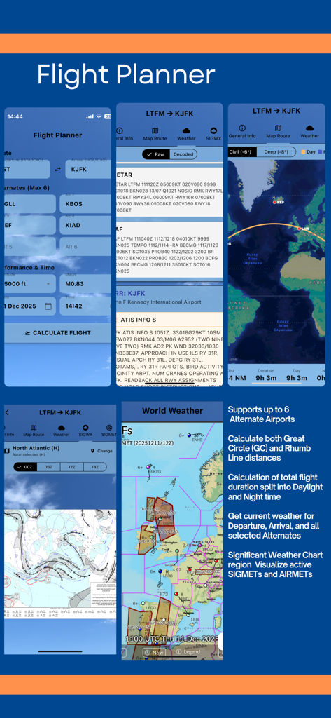 Capturas de pantalla de la aplicación PFSmarter que muestran herramientas de planificación de vuelos, datos meteorológicos de aviación y mapas interactivos de rutas de vuelo.