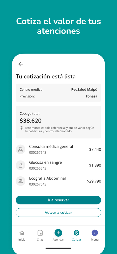 MiRedSalud - Pantalla de cotización de precios en la aplicación MiRedSalud que muestra el copago total y un desglose de los costos de los servicios médicos.