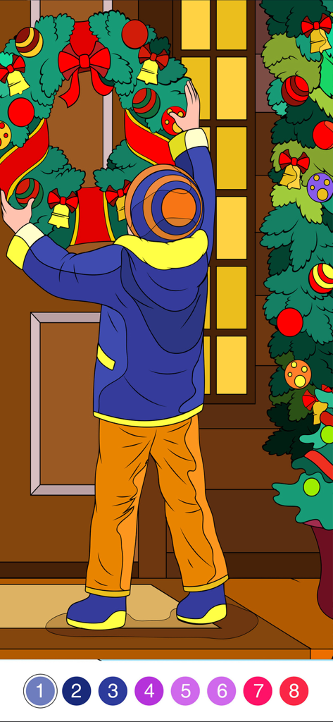 Scena digitale a colori per numero che mostra una persona che appende una ghirlanda natalizia a una porta