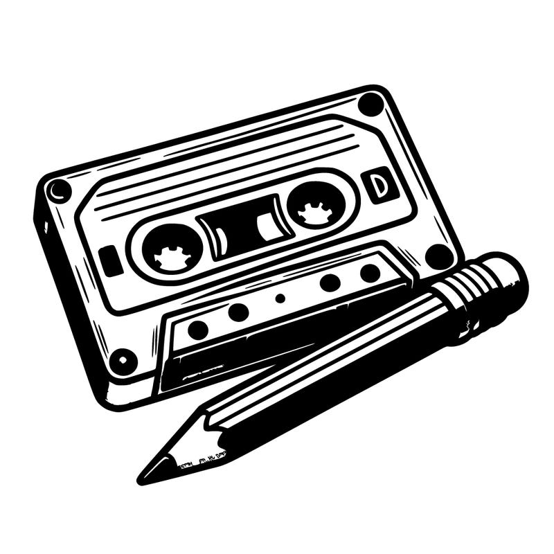 easy coloring page of a retro cassette tape with a pencil