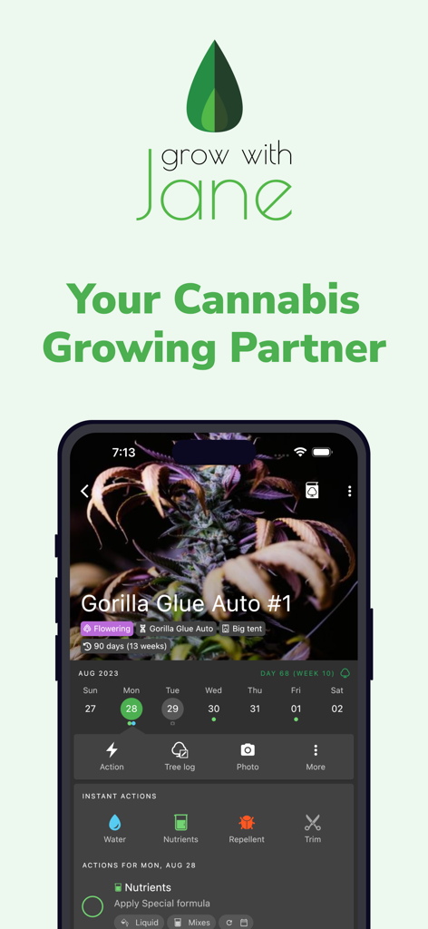 Grow with Jane app screen displaying a cannabis grow journal with plant tracking and reminders