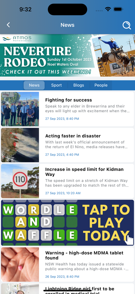 Screenshot of the Western Plains App showing local news articles and community events like the Nevertire Rodeo.